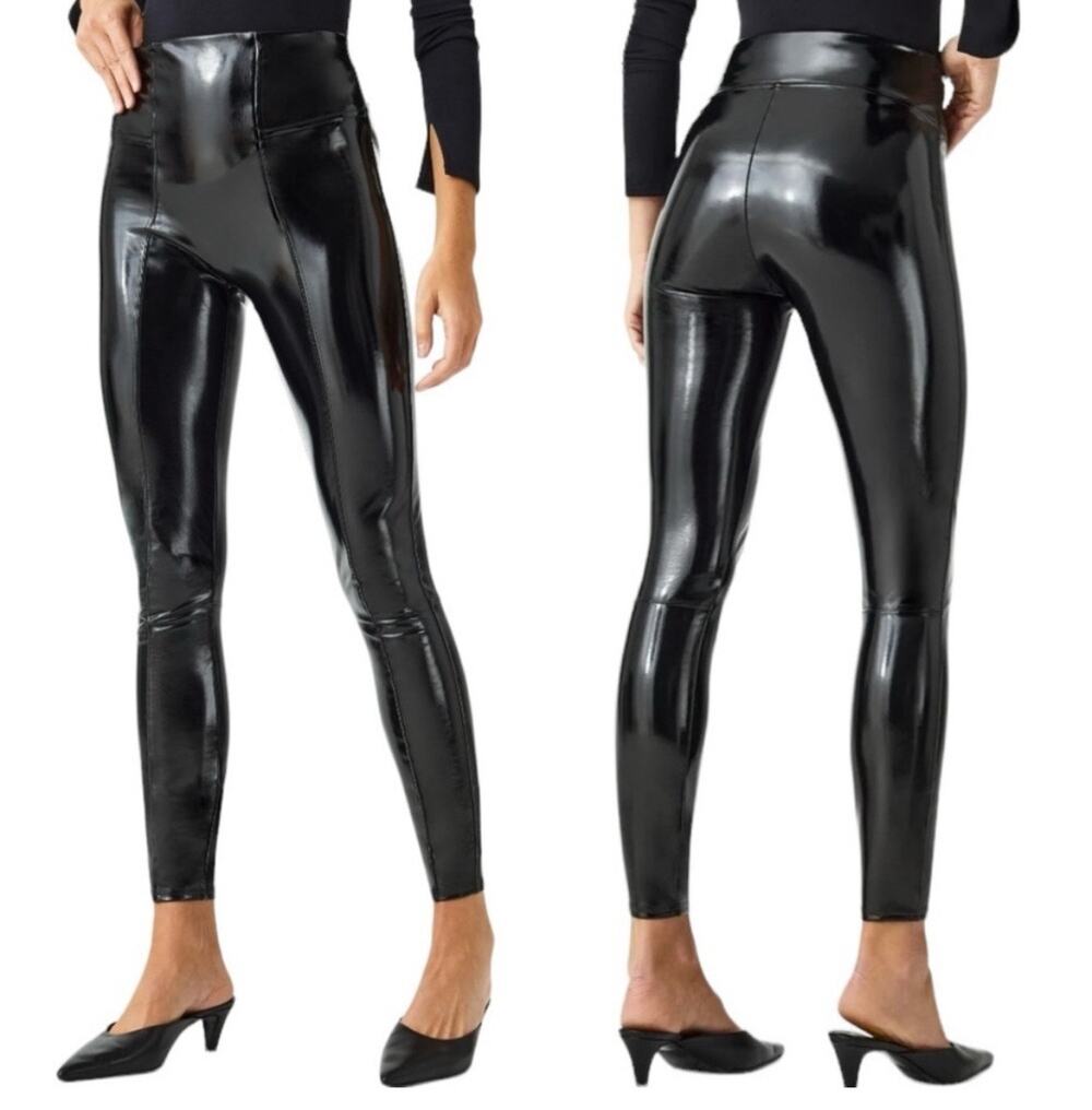 Spanx Women's Faux Patent Leather Leggings Edgy Moto sz M Solid Black Gloss